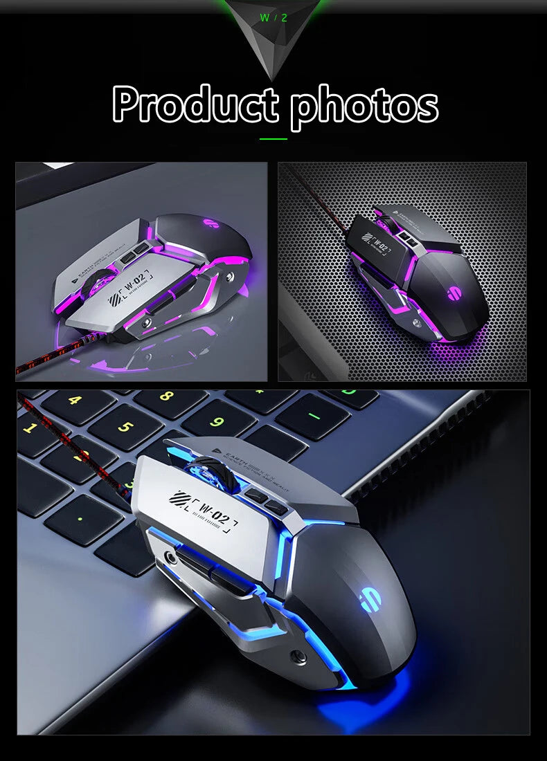 Mouse de gaming cu fir USB Inphic W2 a 2-a generație, clic silențios, stil metalic, 6 taste, programare macro, 8800DPI