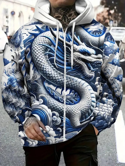 Men's Dragon Print Zipper Hoodie Outdoor Activities Travel Drawstring Long Sleeve Hoodies Autumn Winter Oversize Man Sweatshirts