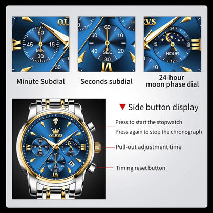 OLEVS 3639 Top Brand Original Luxury New Quartz Watch Stainless Steel Watch For Men Waterproof Luminous Moon Phase Mens Watch