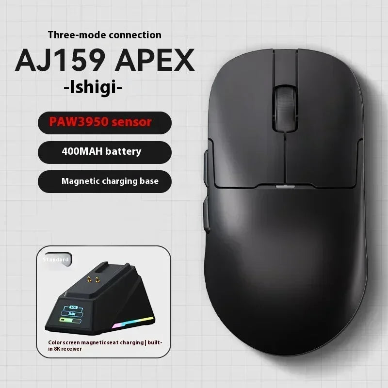 Rato Gaming Sem Fios AJAZZ AJ159 APEX Tri-Mode 8K, Sensor PAW3950 de Baixa Latência, Base de Carregamento, Personalizável, Leve, para PC Gamer