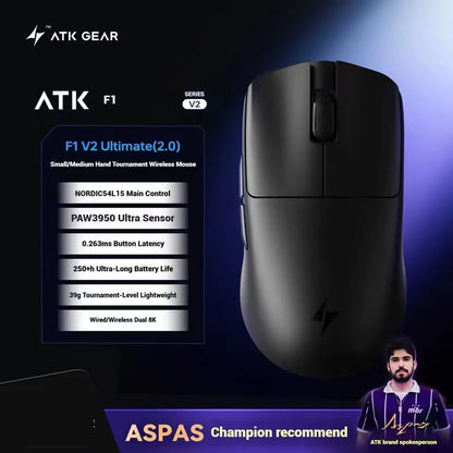 ATK Blazing Sky F1 V2 Ultra Max brezžična igralna miška z dvojnim načinom, lahka, PAW3950Ultra, dvojni 8K, nizka zakasnitev, ergonomska, Extreme