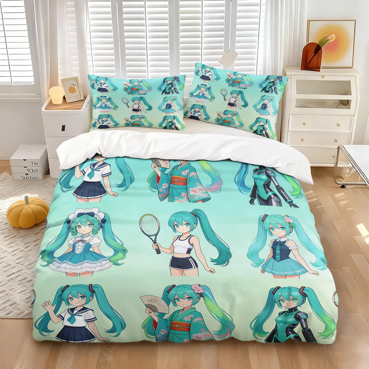 Hatsune Miku Chibi Style påslakanset – Söt anime-sängklädsel med örngott – Spelrum – Tonåringars och barns sovrumsinredning – Present till fans