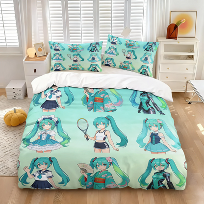 Hatsune Miku Chibi Style påslakanset – Söt anime-sängklädsel med örngott – Spelrum – Tonåringars och barns sovrumsinredning – Present till fans