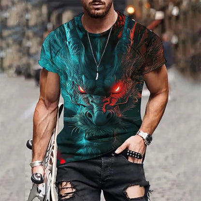 Summer New Men's O-neck T-shirt Flame Magic Dragon 3D Print Casual Breathable Lightweight Versatile Design Short Sleeve Menswear
