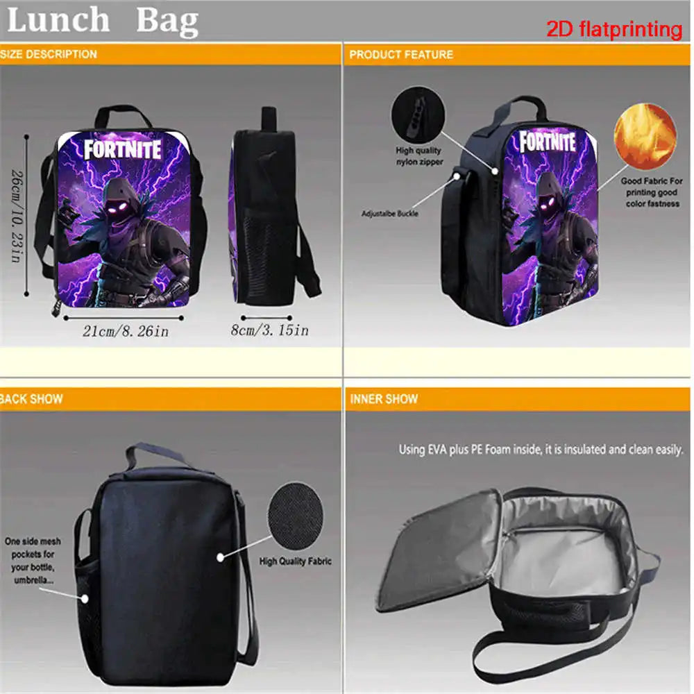 Cute Cartoon 3pcs Set School Backpack with Lunch Bag and Pencil Case, Large Anime Fortnite Kids School Bags for Boys and Girls