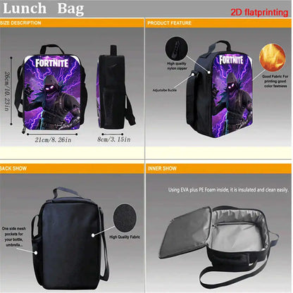 Cute Cartoon 3pcs Set School Backpack with Lunch Bag and Pencil Case, Large Anime Fortnite Kids School Bags for Boys and Girls