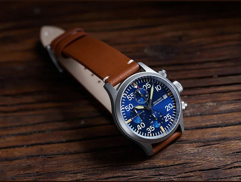 Baltany Quartz Chronograph S5045 Sunburst Blue Dial VK67 100M Stainless Steel Calendar Window Sapphire Vintage Military Watches
