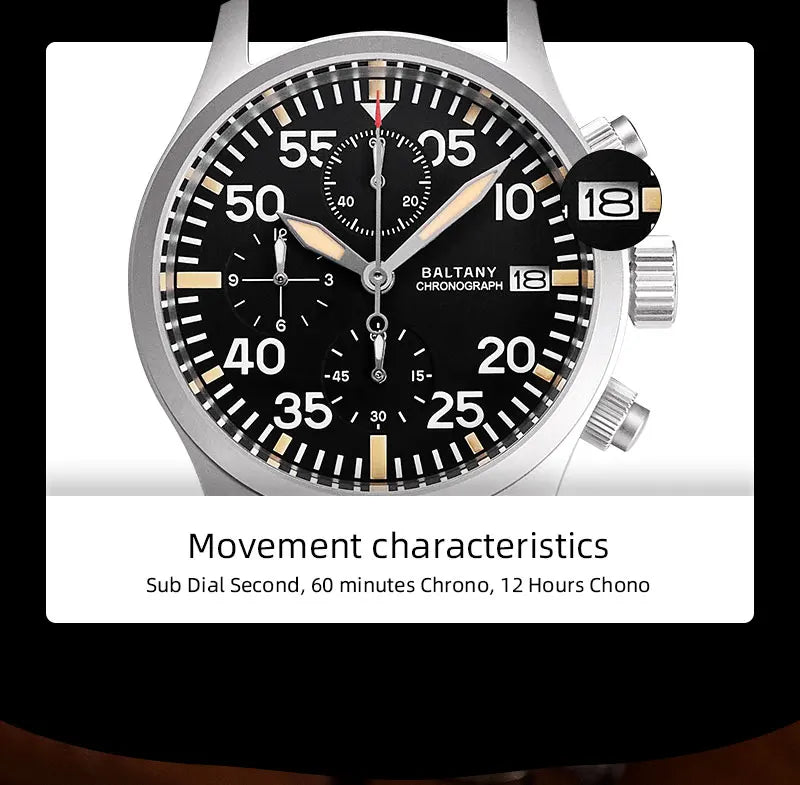 Baltany Quartz Chronograph S5045 Sunburst Blue Dial VK67 100M Stainless Steel Calendar Window Sapphire Vintage Military Watches