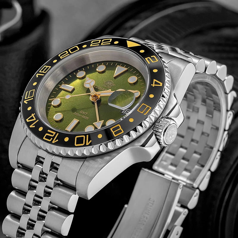 ADDIESDIVE Watch For Man Quartz GMT 20Bar Waterproof BGW9 Super Luminous 316L Stainless Steel Ceramic Bezel Watch