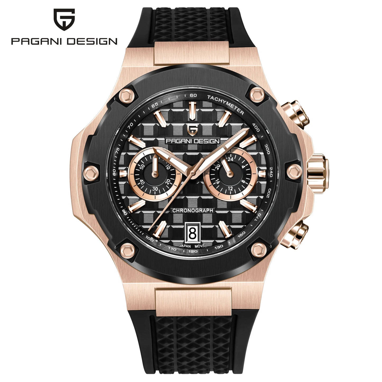 PAGANI DESIGN Men's Watches Luxury Rose Gold Sport Chronograph Japan VK64 Quartz Watch For Men Fluororubber Strap Wristwatch Men