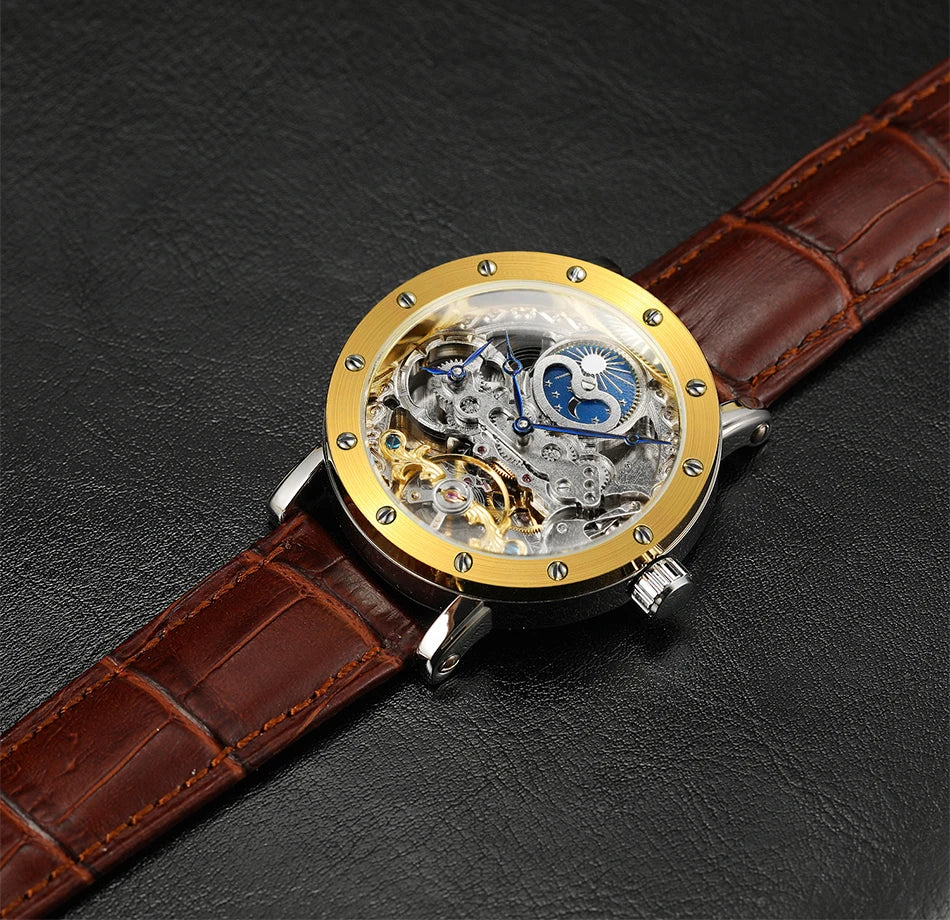 Avtomatska mehanska zapestna ura SKROX za moške, skeletni model s funkcijo GMT, prikazom luninih faz in turbijonom – elegantna in izvirna luksuzna ura najvišjega razreda.