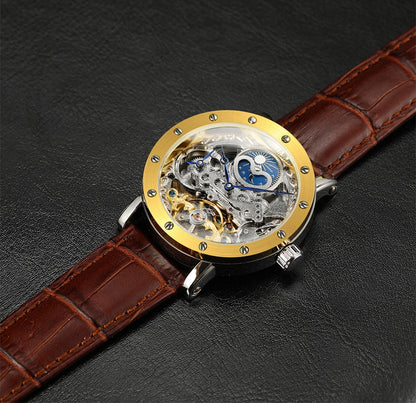 Avtomatska mehanska zapestna ura SKROX za moške, skeletni model s funkcijo GMT, prikazom luninih faz in turbijonom – elegantna in izvirna luksuzna ura najvišjega razreda.