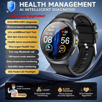 2026 AI Health Smartwatch ECG + PPG, Blood Pressure, Uric Acid & Body Fat Monitoring, AMOLED Display & Bluetooth Calling