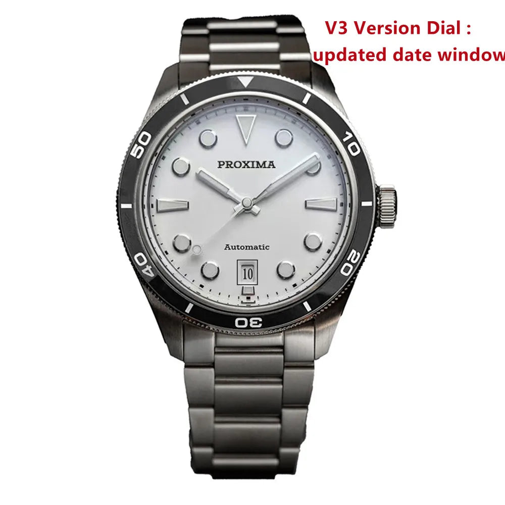 Proxima PX1697 39mm Men Watch White Enamel Dial Bubble Sapphire PT5000 SW200 Automatic Mechanical Vintage Watches 20Bar Luminous
