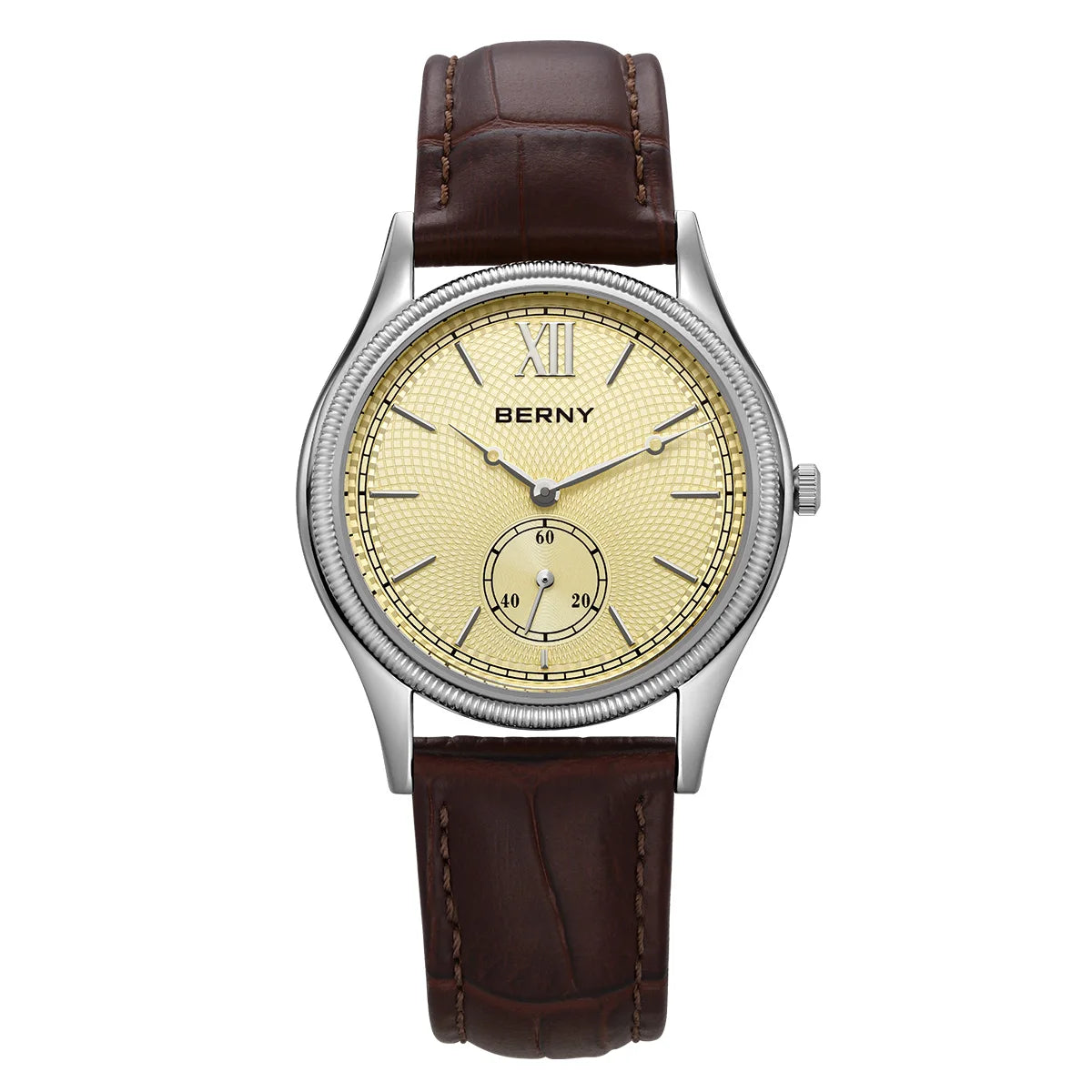 BERNY Men's Watches Luxury Classic Stylish Dress Quartz Watch Slim Stainless Steel Case Elegance Leather Strap Wristwatch