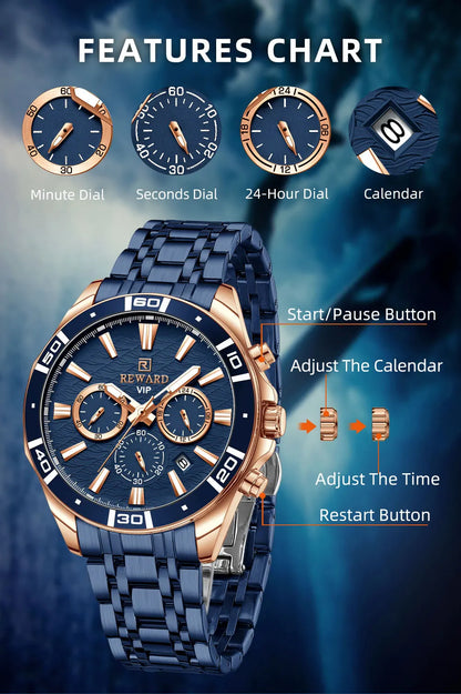 REWARD Mens Watches Waterproof  Luminous Quartz Wristwatch Business Stainless Steel Strap with gift box