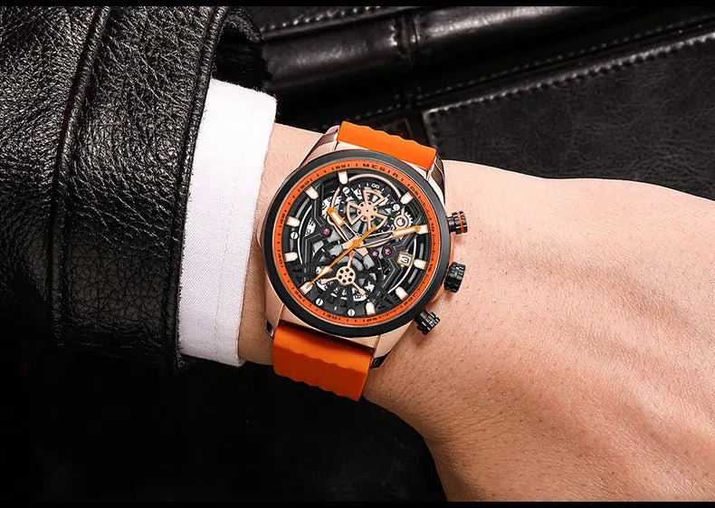 MEGIR Chronograph Quartz Watch Men Fashion Waterproof Yellow Silicone Strap Sport Wristwatch with Luminous Hands Auto Date 2235