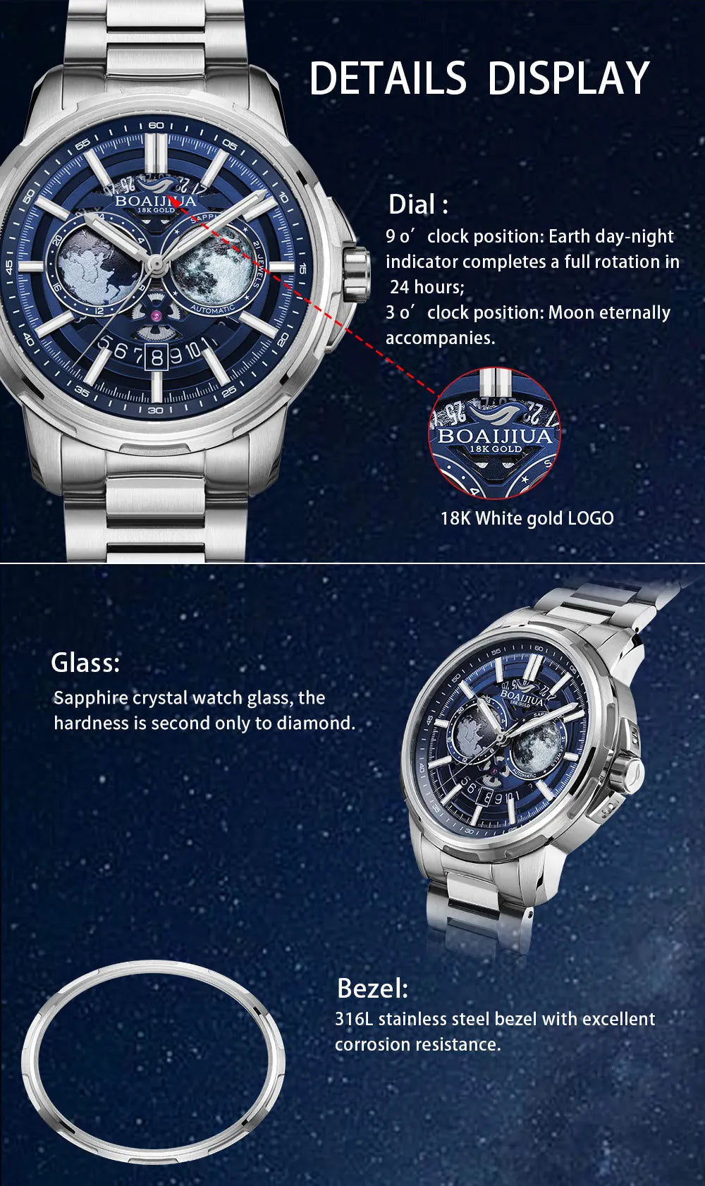 BORIAGE(BOAIJIUA) Automatic Mechanical Watch Creative Starry Sky Watch Water Resistant  Mechanical Watches Birthday Gift for Men