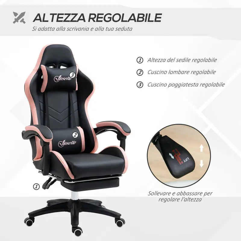 Adjustable Height Gaming Chair with Headrest, 65X65X121-129 Cm, Pink and Black
