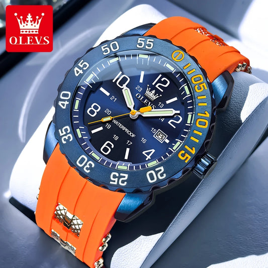 OLEVS Luxury Men's Fashion Quartz Watch Waterproof Luminous Orange Silicone Strap Sports Men Military Wristwatches Watch for Men