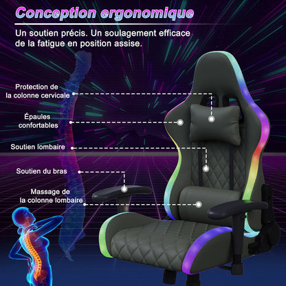 Office Chair, LED gaming chair with ergonomically adjustable backrest, PU leather office chair, lumbar support cushion & pillow