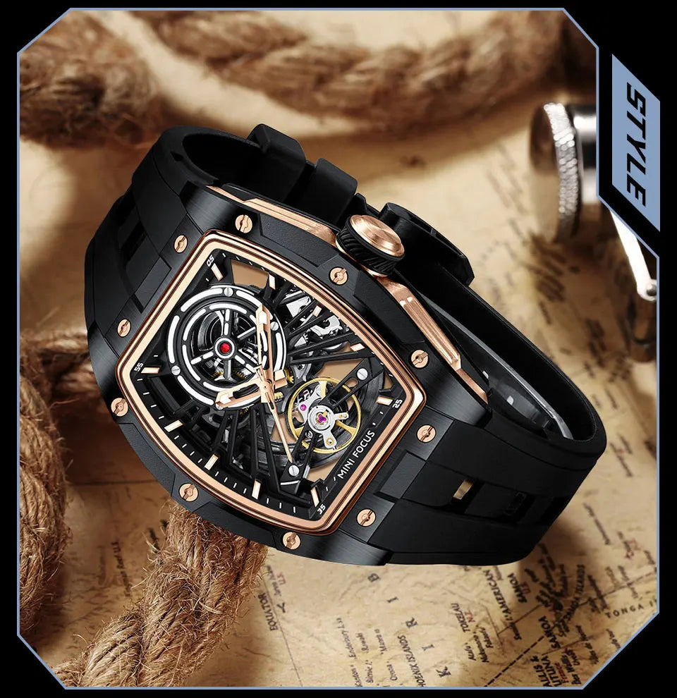 MINI FOCUS Orologio da polso da uomo fashion nero impermeabile, automatico meccanico, con lancette luminose, cinturino in silicone e quadrante tonneau