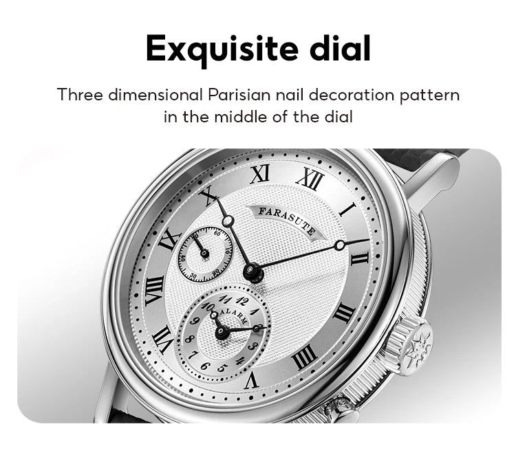 FARASUTE Retro Luxury Alarm Clock Quartz Watch Men Waterproof Night Light Wristwatch Casual Sapphire Stainless Steel Male Reloj