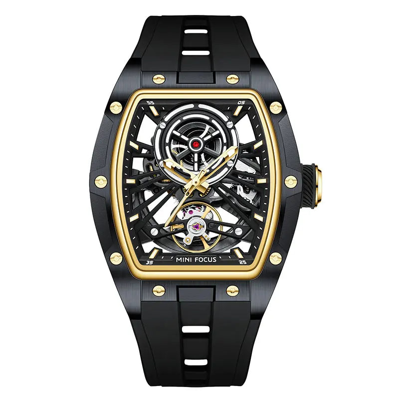 MINI FOCUS Orologio da polso da uomo fashion nero impermeabile, automatico meccanico, con lancette luminose, cinturino in silicone e quadrante tonneau