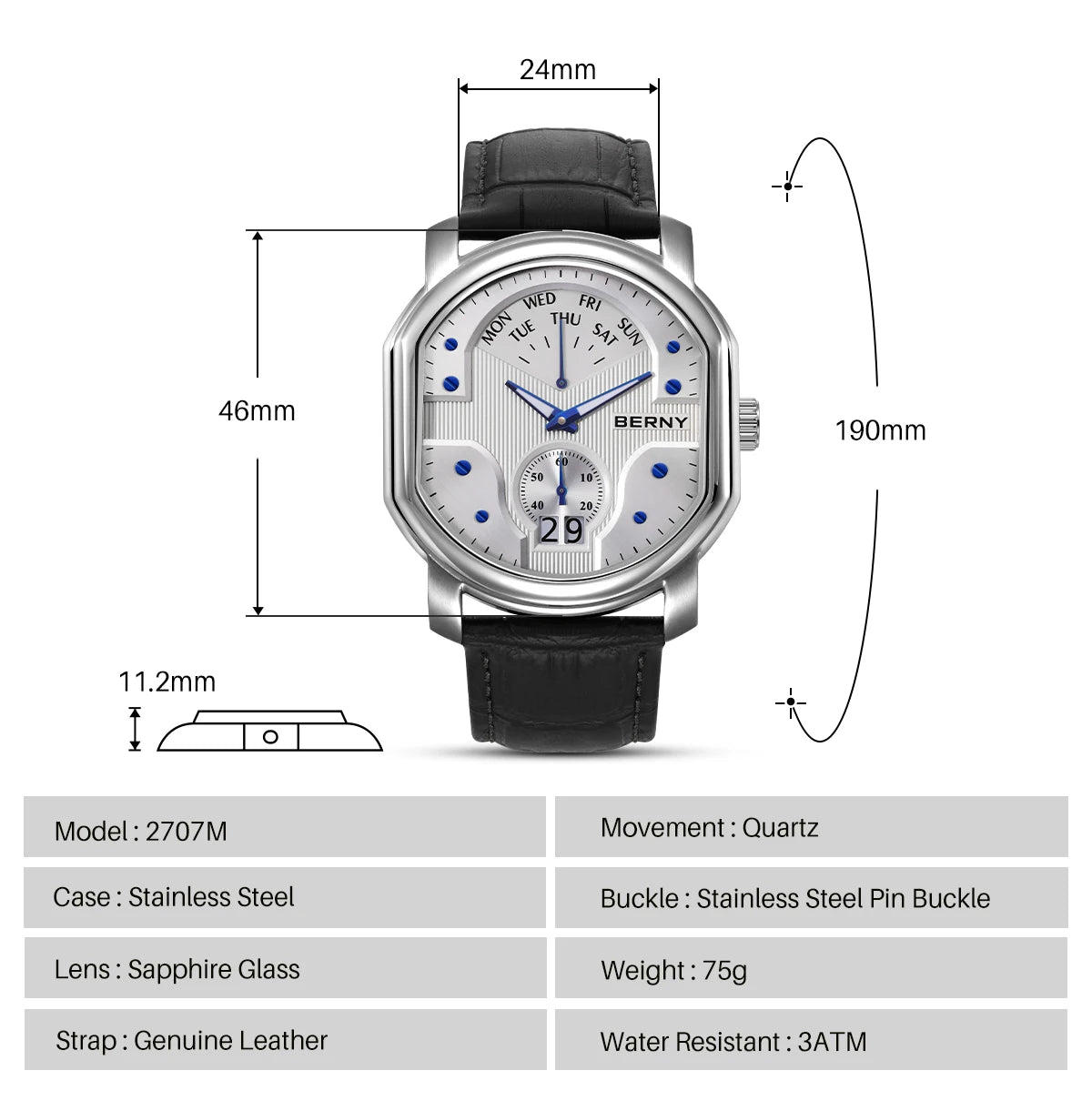 BERNY Tonneau Classic Men's Watch Quartz Luxury Top Watches Ronda 7004N Day Stainless Steel Sapphire Pendulum Dial Watch for Men
