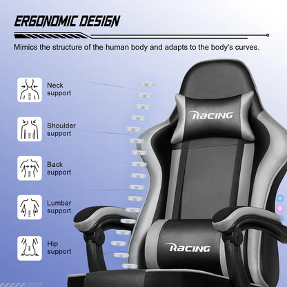 Daccormax Ergonomic Gaming Chair with Footrest, Reclining 170°, PU Leather Racing Chair with Lumbar Support and Headrest