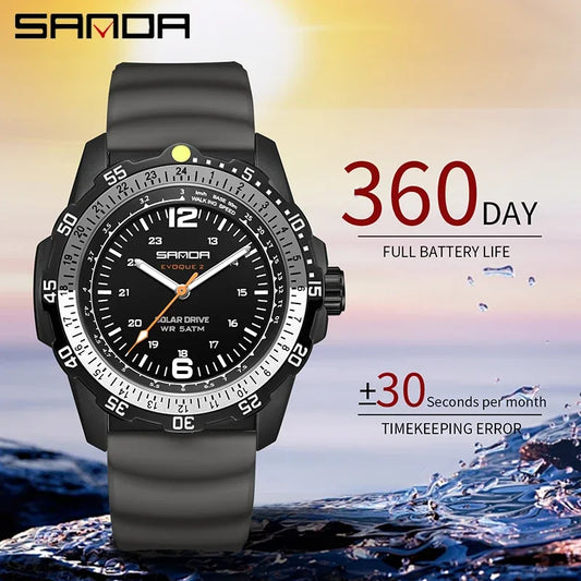 SANDA Luxury Men's Solar-powered Watch Creative Quartz Dial Luminous Hands Waterproof Sport Student Wristwatch Innovative Design
