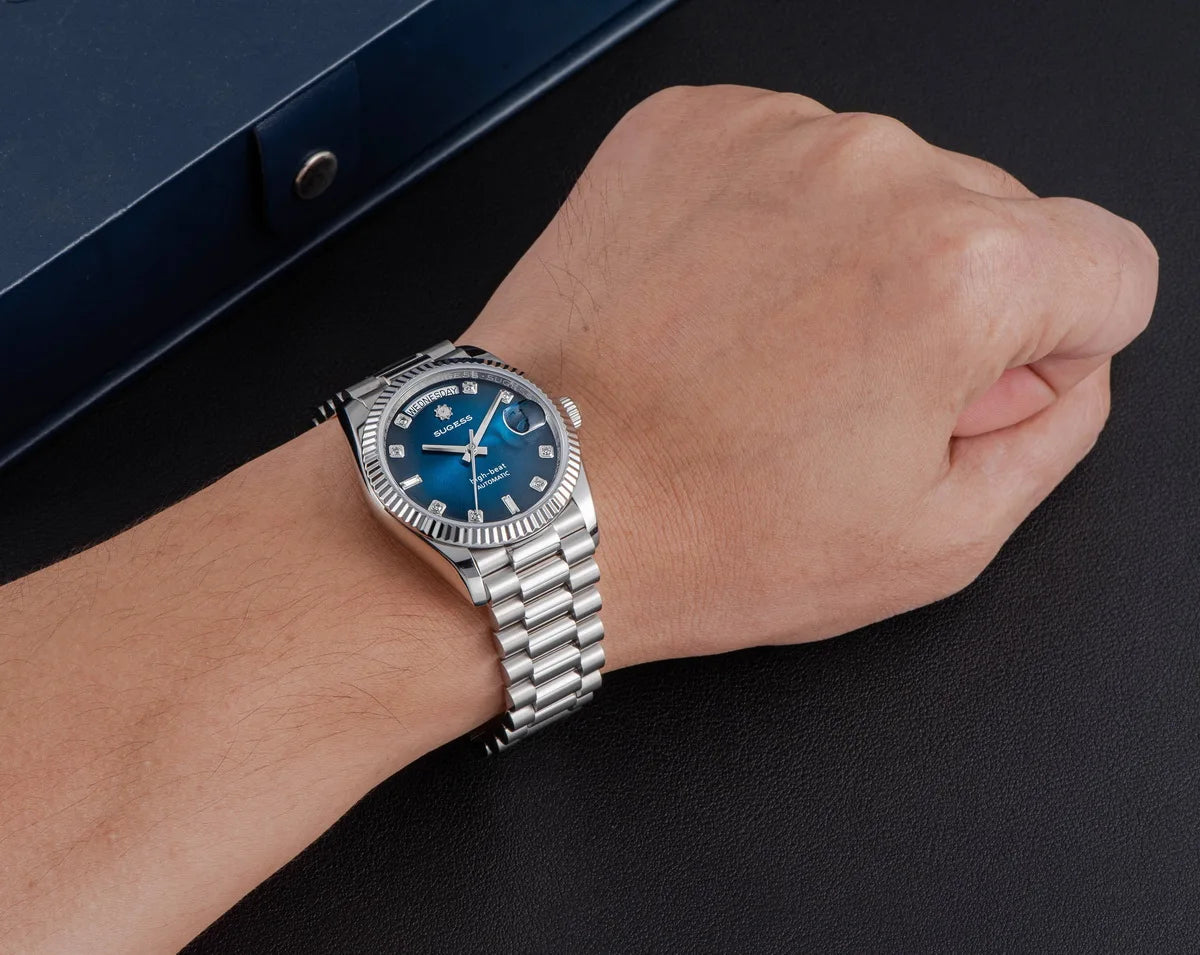 Sugess 36mm Mens of Watch Automatic Dandong Peacock SL3034 Day Movement Sapphire Glass 100m Waterproof Wristwatches MOP Date New