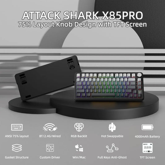ATTACK SHARK X85 Pro 75% Mechanical Keyboard Wireless RGB Gaming Keyboard with Display Screen, Knob, Hot Swappable Gasket Mount, Bluetooth, 2.4GHz & Wired
