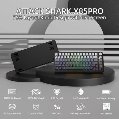 ATTACK SHARK X85 Pro 75% Mechanical Keyboard Wireless RGB Gaming Keyboard with Display Screen, Knob Control, Hot Swappable Gasket Mount, Bluetooth, 2.4GHz & Wired