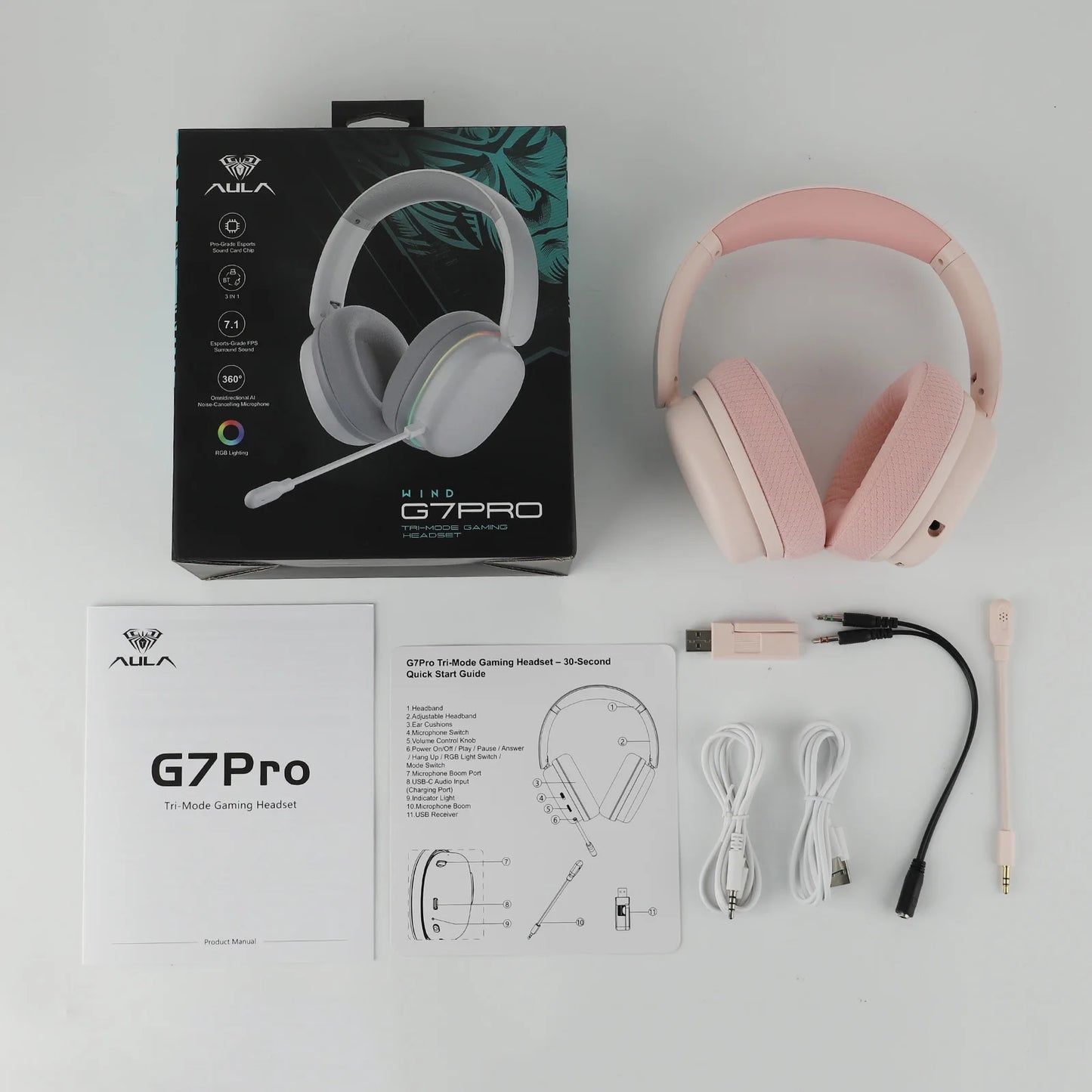 Cuffie da gaming AULA G7 Pro 7.1 Surround Sound wireless Bluetooth 5.3 con microfono a cancellazione del rumore per PS5/PS4/PC/Switch