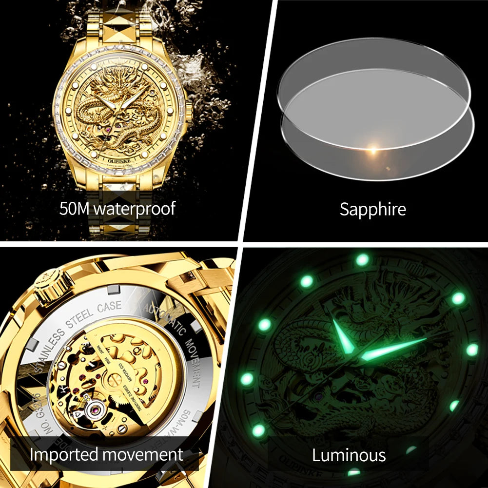 OUPINKE Herrenarmbanduhr, Top-Marke, Luxus, Gold, Wolframstahl, originale automatische mechanische Armbanduhr mit Zifferblatt im Drachenmuster