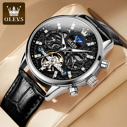 OLEVS 6658 Automatic Mechanical Watch for Man Leather Strap Waterproof Moon Phase Business Dress Men's Watches