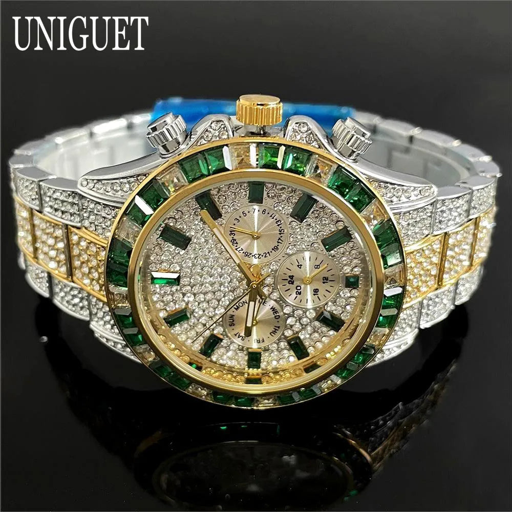 Hot Fashion Green Watches Men Brand UNIGUET Luxury Stainless Steel Hip Hop Rainbow Diamond Quartz Wristwatch Male Dropshipping ﻿