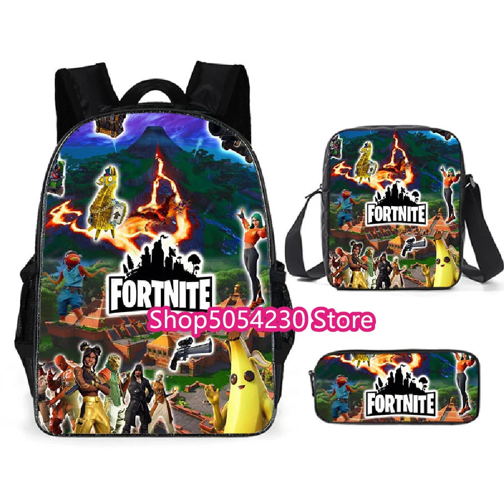 Conjunto de Mochila Fortnited 3PCS para Adolescentes e Estudantes, Saco de Viagem Fortress Night, Mochila Escolar 3D de Jogos Populares