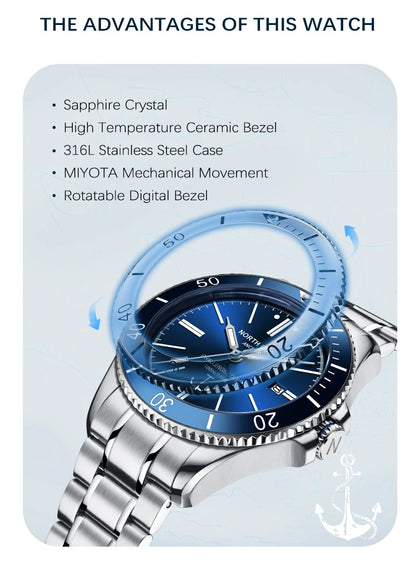 NORTH EDGE ANCHOR 42MM Men Mechanical Wristwatch Luxury Sapphire Glass MIYOTA 8215 Automatic Watches 10bar Waterproof Watch Men