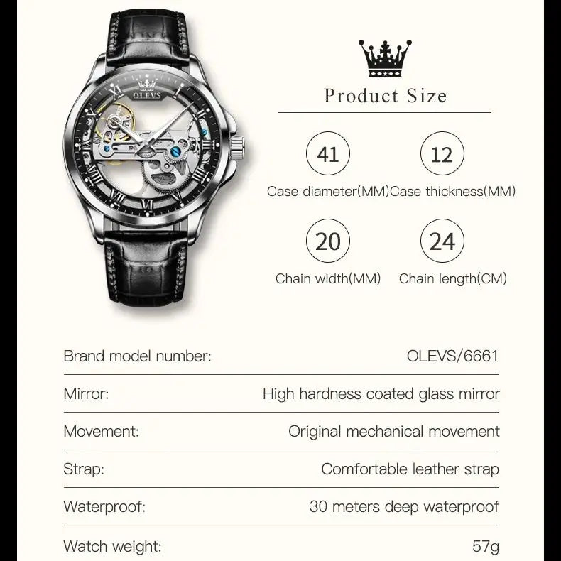 OLEVS 6661 Men's Top Brand Luxury All-Transparent Hollow Mechanical Watch, Original Fashion, Waterproof Classic Design