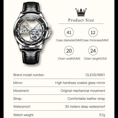 OLEVS 6661 Men's Top Brand Luxury All-Transparent Hollow Mechanical Watch, Original Fashion, Waterproof Classic Design