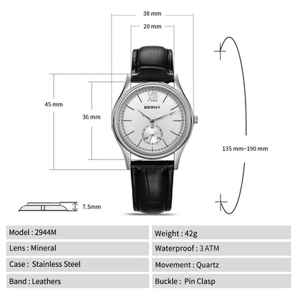 BERNY Men's Watches Luxury Classic Stylish Dress Quartz Watch Slim Stainless Steel Case Elegance Leather Strap Wristwatch