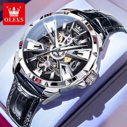 OLEVS 7051 Fashion Men's Watch Leather Strap 30M Waterproof Hollow HD Luminous Automatic Mechanical Wristwatch for Men