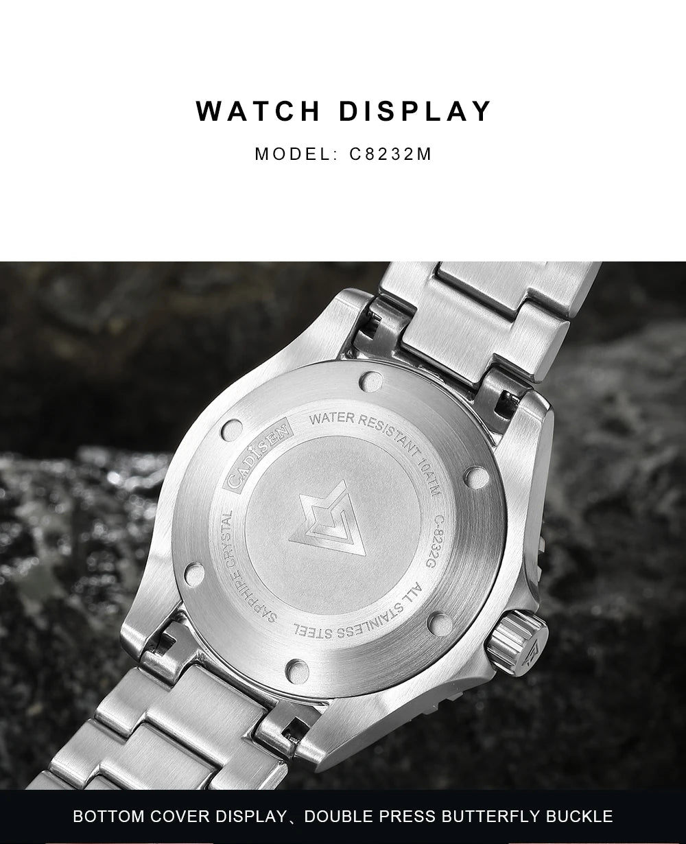 NEW 2026 CADISEN AQUA DIVER Brand Luxury Men Watches Automatic Watch Japan 8215 100M Waterproof Luminous Mechanical Wristwatch