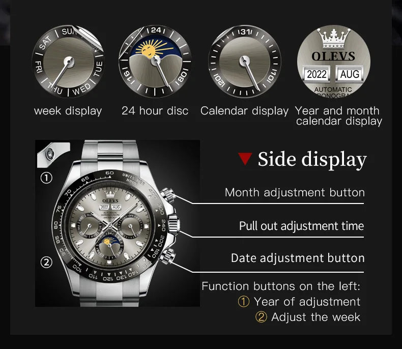 OLEVS 6654 Luxury Mens Watch Chronograph Automatic Mechanical Wristwatch Waterproof Luminous Top Brand Watch for Man Date Sport