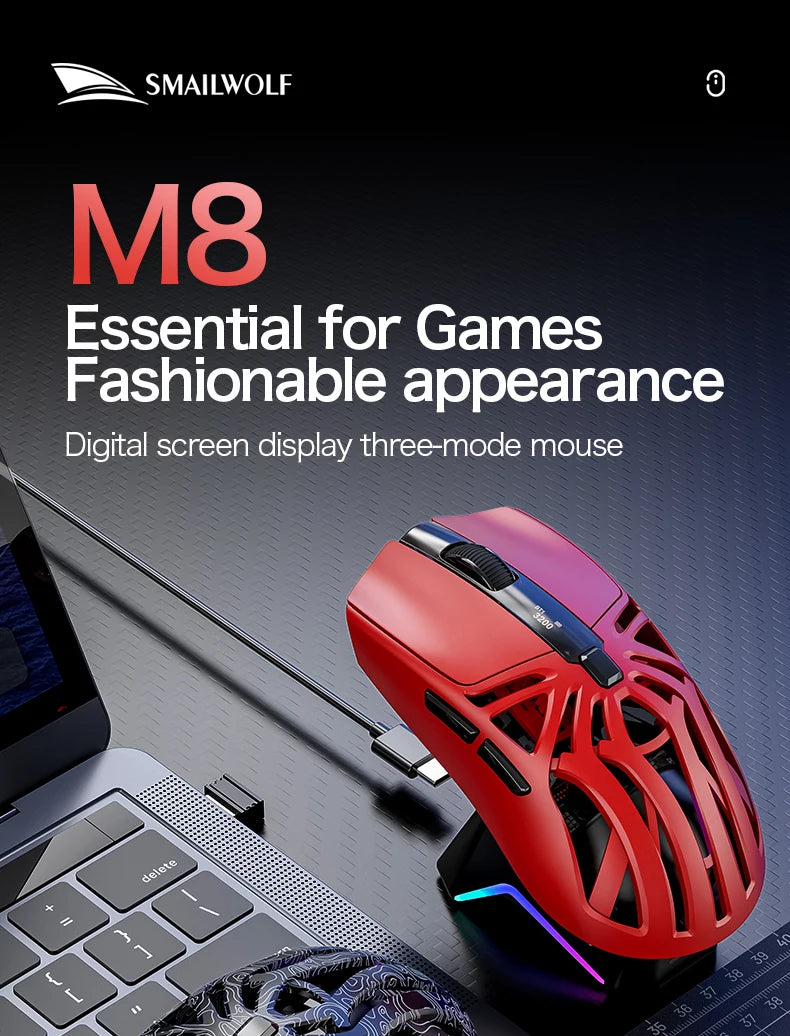 SMAILWOLF M8 Wireless Bluetooth Tri-Mode Gaming Mouse, 12000 DPI Lightweight RGB Gaming Mouse with PAW3311 Sensor, Magnetic Charging Dock