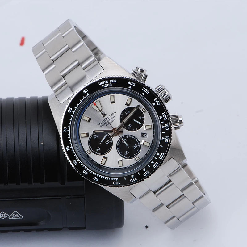 Tactical Frog 41mm Men's Chronograph Watch VS75 Solar Quartz Movement Waterproof Sapphire Green C3 Luminous Quartz Wristwatch
