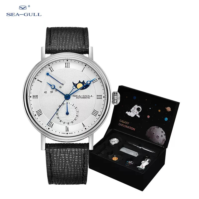 Seagull Men's Business Wristwatch Moon Phase Leather Luxury Automatic Mechanical Men's Watches 50M Waterproof Relogio 6092