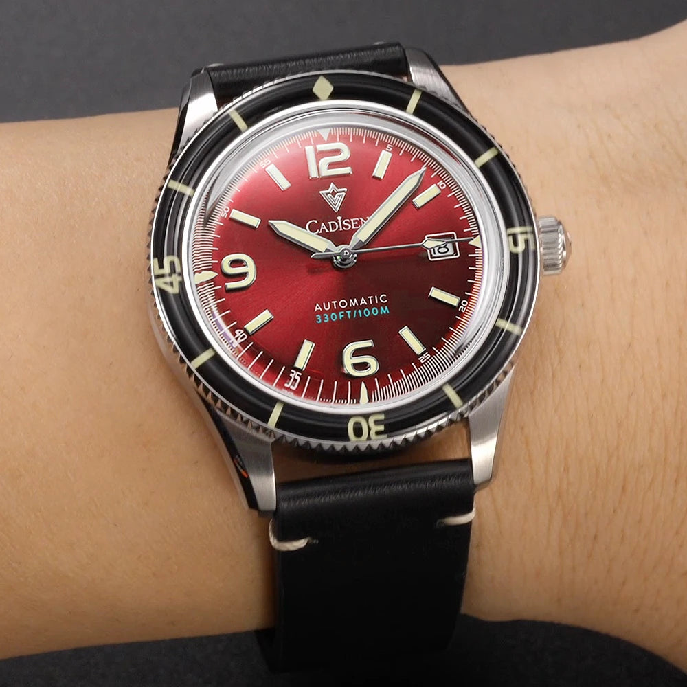 CADISEN 2026 Watch Men Mechanical Wristwatches MIYOTA 8215 Movement Genuine Leather Strap Waterproof Luminous Red Mens Watches